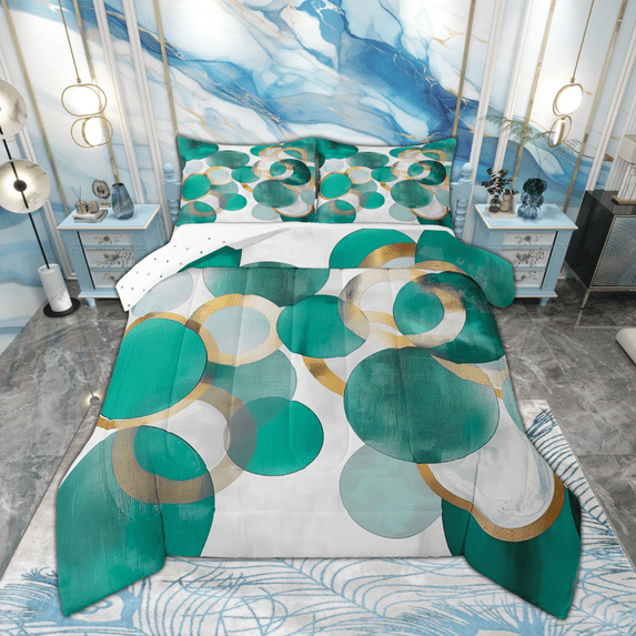 Manfei Teal Gold Circle Full Size Comforter Sets, Modern Abstract Art Bedding Comforter Set, Geometric Minimalist Bedding Sets, Microfiber Bedroom Decor, Reversible 3 Pieces