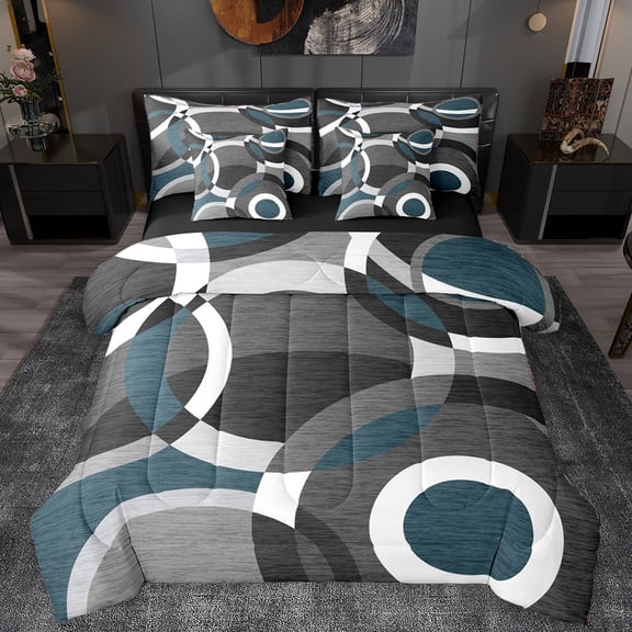Manfei Teal Gray 7pcs Bedding Comforter Set,Modern Geometric Art Queen Bedding Sets,Circular Print Queen Sheet Sets For Adults,Microfiber Bedroom Decor Reversible