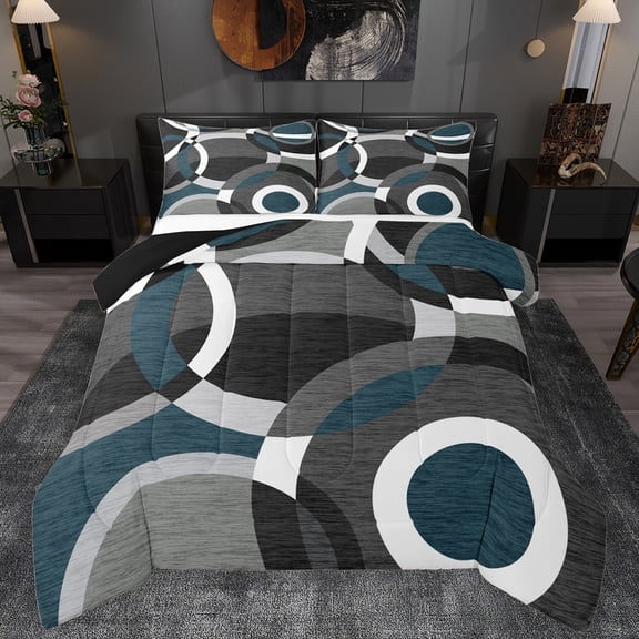 Manfei Teal Gray Bedding Comforter Set,Modern Geometric Art Twin Comforter Sets,Circular Print Bedding Set For Adults,Microfiber Bedroom Decor Reversible,2-Piece