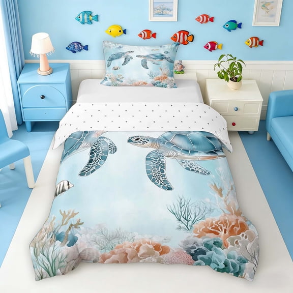Manfei Teal Sea Turtle Twin Bedding for Kids Boys and Girls, Coral Fish Jellyfish Duvet Cover Set, Reversible 2pcs, 1 Duvet Cover and 1 Pillowcase