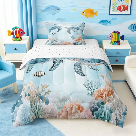 Manfei Teal Sea Turtle Twin Comforter Sets for Kids Boys and Girls, Coral Fish Jellyfish Bedding Set, Reversible 2pcs, 1 Comforter and 1 Pillowcase