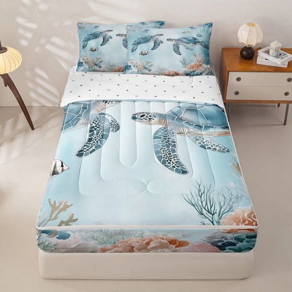 Manfei Teal Sea Turtle Zipper Twin Comforter Sets with Fitted Sheet and 2 Pillowcases for Kids Boys and Girls, Coral Fish Jellyfish Zipper Bedding Set, Reversible, 4 Pieces