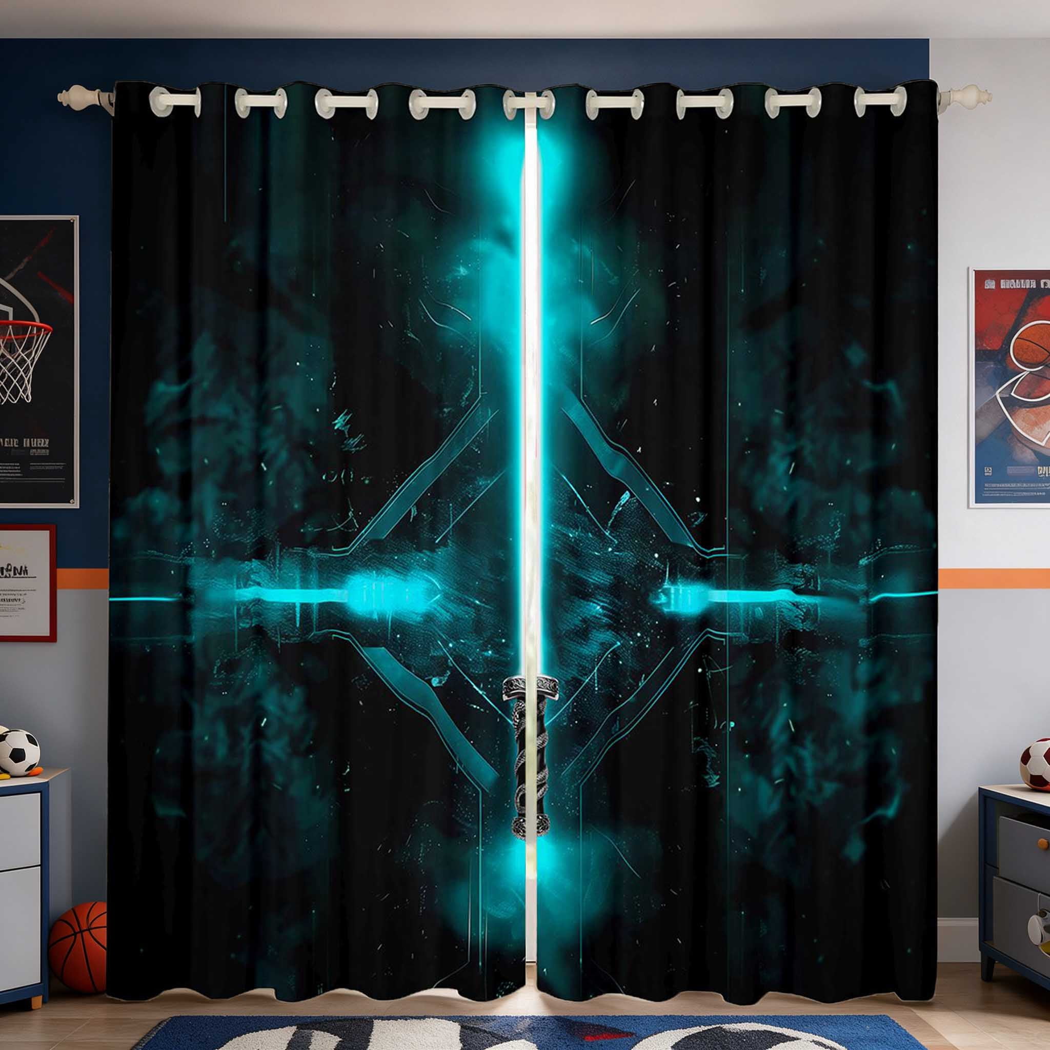 Manfei Teal Smoke Sword Curtains and Drapes Pack of 2 (52x63 Each ...