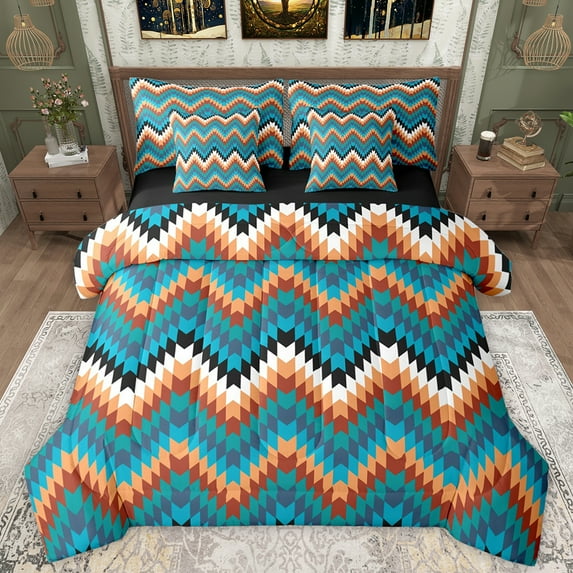 Manfei Teal Western Aztec Twin Bedding Sets 7-Piece for Women, Vintage Rustic Farmhouse Bedding Comforter Set, Triangle Abstract Reversible Sheet Sets, Luxury Bedroom Decor