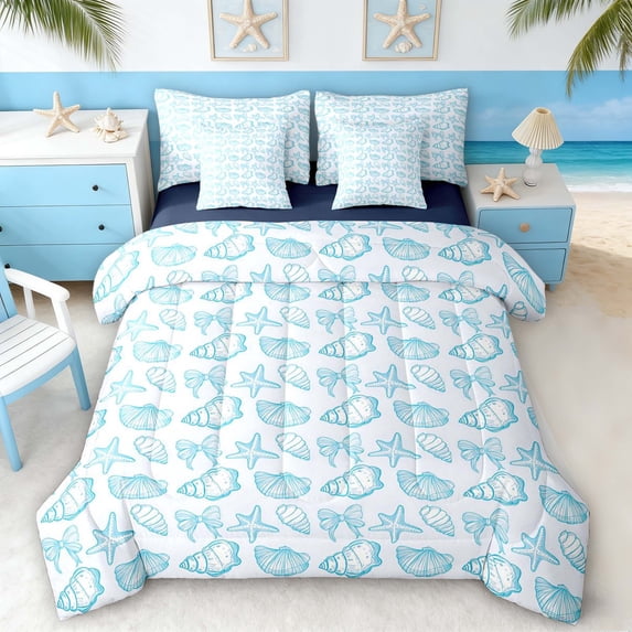 Manfei Teal White Seashell Bow Starfish Bedding Comforter Set for Kids Boys and Girls, Cartoon Sealife Full Bedding Set, Navy Reversible 7-Piece