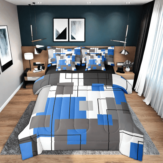 Manfei Teen Blue Square Bed In A Bag Queen Black Grey Geometric Square Comforter Set Black Geometry Striped Bedding Set 7 Piece Modern Abstract Bedding Comforter Sets