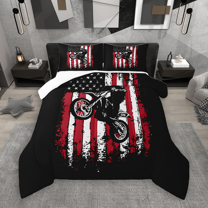 Manfei Teen Boys Dirt Bike Bedding Comforter Set 2pcs, Grunge USA Flag Twin Comforter Sets, Extreme Sport Bedding Set, Luxury Bedroom Decor