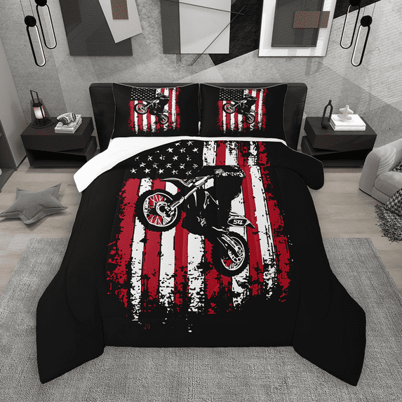 Manfei Teen Boys Dirt Bike Bedding Comforter Set 2pcs, Grunge USA Flag Twin Comforter Sets, Extreme Sport Bedding Set, Luxury Bedroom Decor
