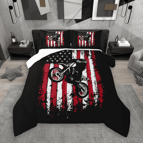 Manfei Teen Boys Dirt Bike Bedding Comforter Set 2pcs, Grunge USA Flag Twin Comforter Sets, Extreme Sport Bedding Set, Luxury Bedroom Decor