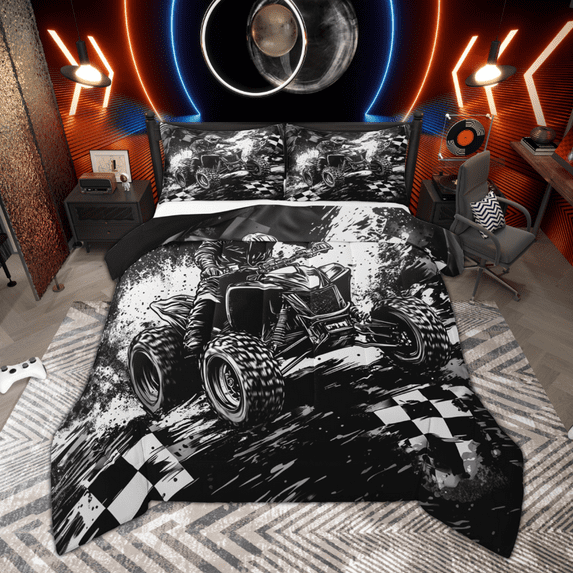 Manfei Teen Boys Dirt Bike Bedding Comforter Set, Extreme Sport Twin Comforter Sets for Men, Black White Grunge Bedding Set, Microfiber Bedroom Decor, Reversible 2pcs