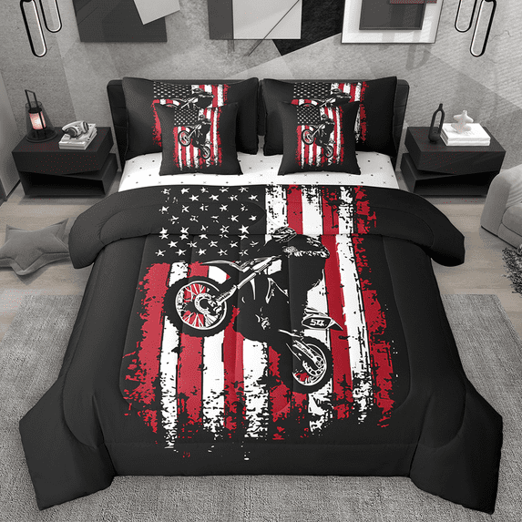 Manfei Teen Boys Dirt Bike Twin Bedding Sets 7pcs, Grunge USA Flag Bedding Comforter Set, Extreme Sport Sheet Sets, Luxury Bedroom Decor