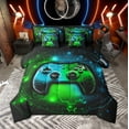 thumbnail image 1 of Manfei Teen Boys Gamer Bedding Comforter Set, Video Game Console Print King Bedding Sets, Neon Green Blue Honeycomb Bed Sheets Reversible 7 Pieces, 1 of 8