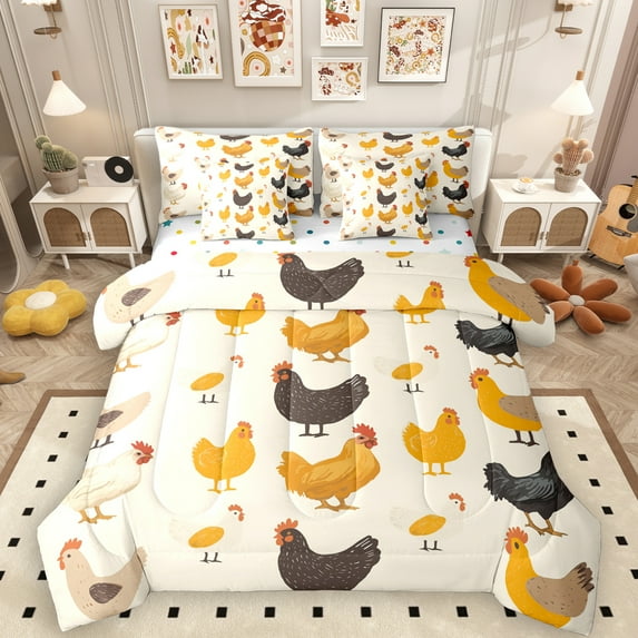 Manfei Teen Cartoon Rooster 7pcs Bedding Comforter Set, Rustic Farm Animal Queen Bedding Sets, Countryside Theme Reversible Queen Sheet Sets, Luxury Bedroom Decor