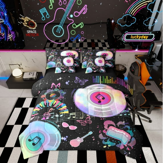 Manfei Teen Musical Note Bedding Comforter Set 7pcs, Princess Butterfly Queen Bedding Sets, Dreamy Mystic Galaxy Reversible Breathable Home Decor