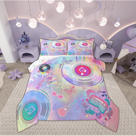 Manfei Teen Musical Note Full Size Comforter Sets, Princess Butterfly Bedding Comforter Set, Dreamy Mystic Galaxy Reversible Bedding Sets, Ultra Soft Home Decor, 3 Pieces