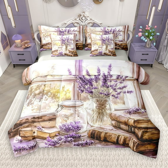 Manfei Teen Purple Lavender 7-Piece Bedding Comforter Set, Rustic Flower Floral King Bedding Sets, Vintage Oil Printing Reversible Bed Sheets, Lightweight Room Decor