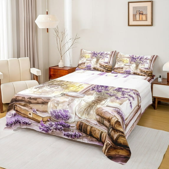 Manfei Teen Purple Lavender Twin Sheet Sets, Rustic Flower Floral Twin Fitted Sheet, Vintage Oil Printing Flat Sheet, Lightweight Room Decor, 3-Piece