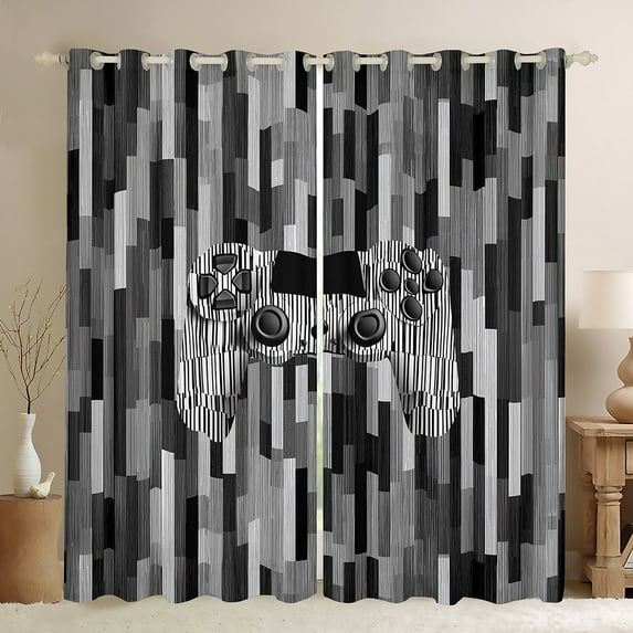 Manfei Teenager Gamer Blackout Curtains Set of 2 (52x84 Each) for Boys, Gray Geometric Stripe Window Curtains, Cool Gamepad Curtains and Drapes, Luxurious Home Decor