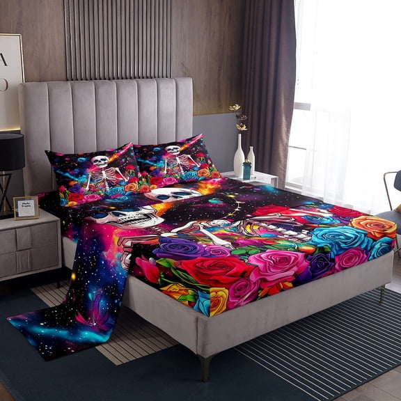 Manfei Teenagers Gothic Skeleton Full Size Sheets 4-Piece,Universe Starry Sky Breathable Bed Sheets,Abstract Floral Flowers Skull Lightweight Sheet Sets,Microfiber Bedroom Decor