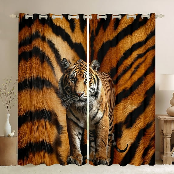 Manfei Teens 3D Tiger Black Out Curtains, Jungle Wildlife Animal Curtains Pack of 2 (42x63 Each), Orange Black Abstract Bedroom Curtains, Window Curtains Decor