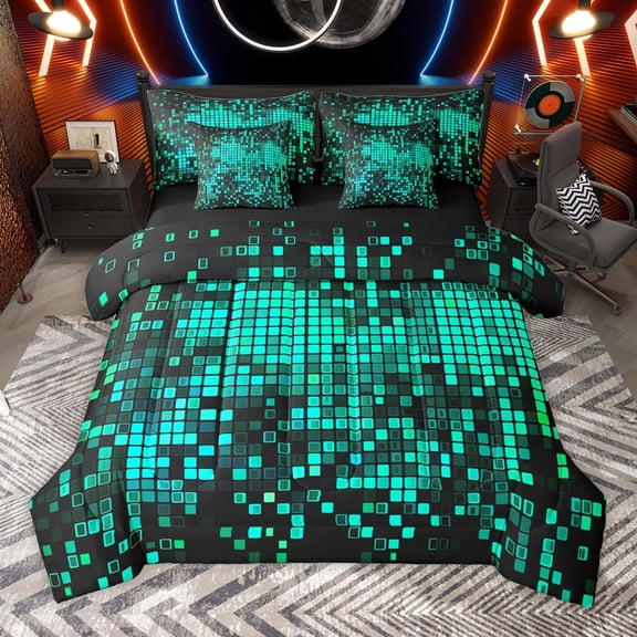 Manfei Teens Abstract Geometric Plaid 7-Piece Bedding Comforter Set,Futuristic Cubes King Bedding Sets,Gradient Neon Lights Ultra Soft Bed Sheets,Luxury Bedroom Decor,Reversible
