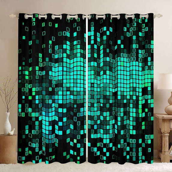 Manfei Teens Abstract Geometric Plaid Curtains Pack of 2 (42x84 Each),Futuristic Cubes Curtains Blackout,Gradient Neon Lights Bedroom Curtains,Luxury Bedroom Decor