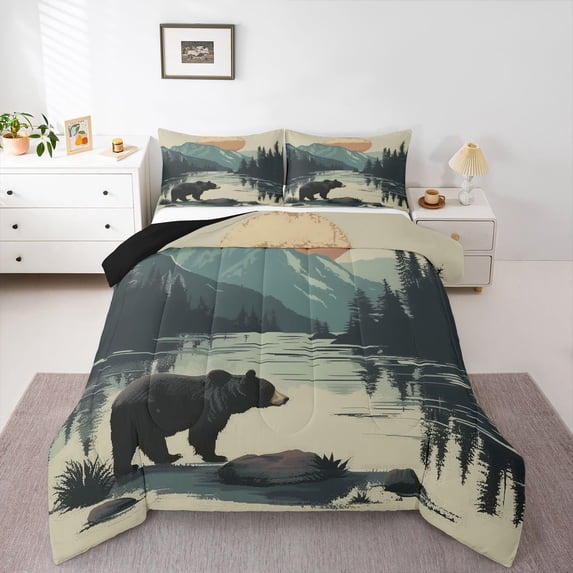 Manfei Teens Adults Animal Bear Bedding Comforter Set 2pcs,Moutain Jungle Twin Comforter Sets Microfiber,Woodland Wildlife Breathable Bedding Set,Lightweight Room Decor,Reversible