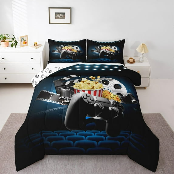 Manfei Teens Adults Black Gamepads Full Size Comforter Sets 3-Piece,Video Game Bedding Comforter Set,Vintage Cinema Lightweight Bedding Sets,Super Cozy Room Decor,Reversible