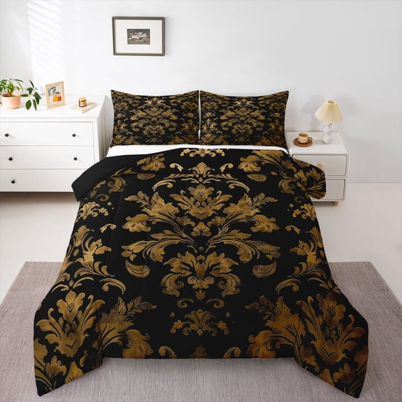 Manfei Teens Adults Bohemian Damask Bedding Comforter Set 2pcs,Black Golden Twin Comforter Sets Microfiber,Exotic Style Breathable Bedding Set,Breathable Home Decor,Reversible