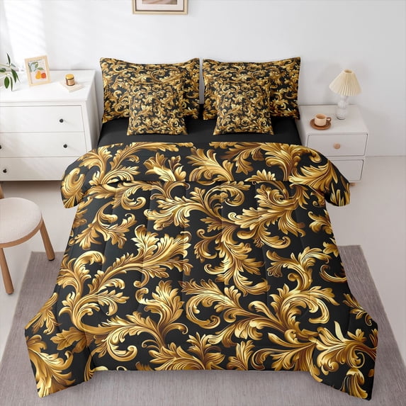 Manfei Teens Adults Bohemian Damask Bedding Comforter Set 7pcs,Black Golden Queen Bedding Sets Super Cozy,Exotic Style Queen Sheet Sets,Breathable Home Decor,Reversible