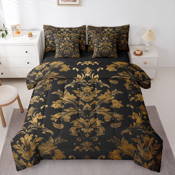 Manfei Teens Adults Bohemian Damask Twin Bedding Sets 7-Piece,Black Golden Bedding Comforter Set Microfiber,Exotic Style Breathable Sheet Sets,Breathable Home Decor,Reversible