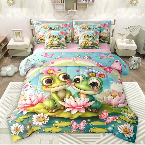 Manfei Teens Adults Cartoon Floral Frogs Bedding Comforter Set 7-Piece,Cartoon Rainbow Butterflies King Bedding Sets,Chic Floral Lotus Ultra Soft Bed Sheets,Ultra Soft Home Decor,Reversible