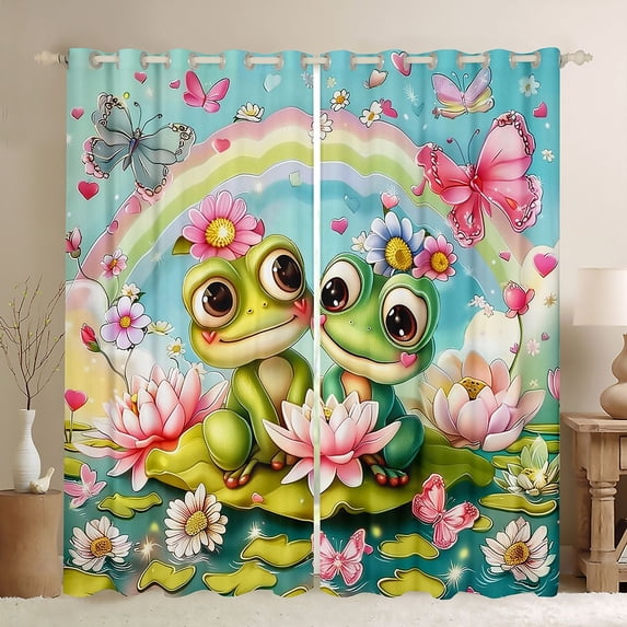 Manfei Teens Adults Cartoon Floral Frogs Black Out Curtains,Cartoon Rainbow Butterflies Curtains Pack of 2 (42x63 Each),Chic Floral Lotus Bedroom Curtains,Ultra Soft Home Decor