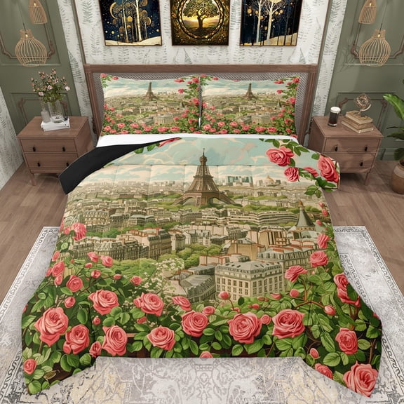 Manfei Teens Adults Eiffel Tower Bedding Comforter Set 2pcs,Romantic Valentine's Day Twin Comforter Sets Microfiber,Chic Floral Rose Breathable Bedding Set,Super Cozy Room Decor,Reversible