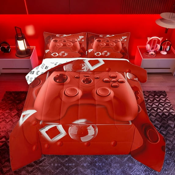 Manfei Teens Adults Gamepads Gamer 3 Pieces Queen Comforter Set,Video Game Ultra Soft Bedding Sets,White Red Bedding Comforter Set Breathable,Super Cozy Room Decor,Reversible