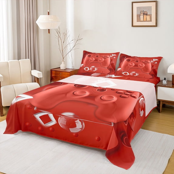 Manfei Teens Adults Gamepads Gamer 4 Pieces Queen Sheet Sets,Video Game Ultra Soft Flat Sheet,White Red Queen Fitted Sheet,Super Cozy Room Decor