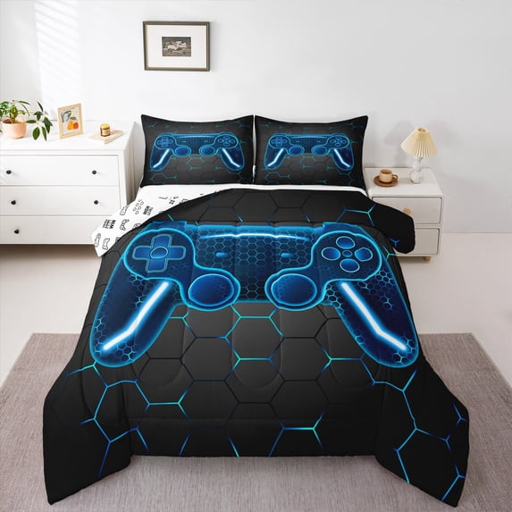 Manfei Teens Adults Honeycomb Gamer Bedding Comforter Set 2pcs,Video Game Twin Comforter Sets Microfiber,Geometric Hexagon Breathable Bedding Set,Super Cozy Room Decor,Reversible
