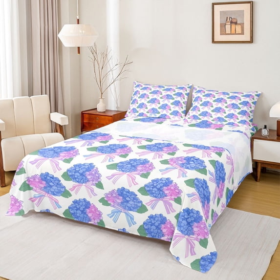 Manfei Teens Adults Kawaii Bow 4pcs Bed Sheets,Floral Hydrangea King Sheets,Spring Garden Super Cozy Sheet Set,Super Cozy Room Decor