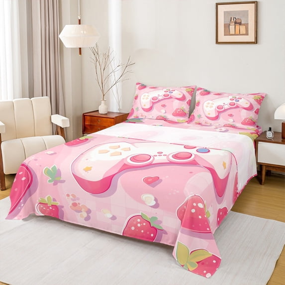 Manfei Teens Adults Kawaii Gamer Gamepads 4pcs Bed Sheets,Video Game King Sheets,Cartoon Fruit Strawberry Super Cozy Sheet Set,Super Cozy Room Decor