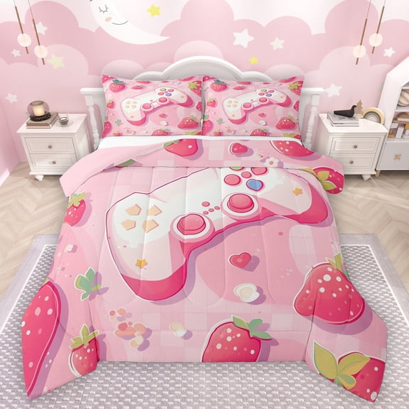 Manfei Teens Adults Kawaii Gamer Gamepads Bedding Comforter Set 2pcs,Video Game Twin Comforter Sets Microfiber,Cartoon Fruit Strawberry Breathable Bedding Set,Super Cozy Room Decor,Reversible
