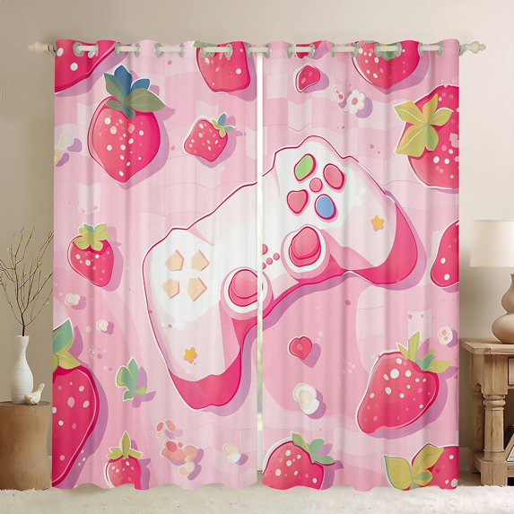 Manfei Teens Adults Kawaii Gamer Gamepads Black Out Curtains,Video Game Curtains Pack of 2 (42x63 Each),Cartoon Fruit Strawberry Bedroom Curtains,Super Cozy Room Decor