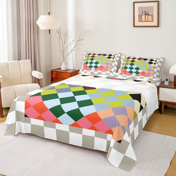 Manfei Teens Adults Minimalist Geometric Grid 4 Pieces Queen Sheet Sets,Abstract Colorful Plaid Ultra Soft Flat Sheet,Vintage Aesthetic Queen Fitted Sheet,Super Cozy Room Decor