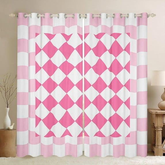 Manfei Teens Adults Minimalist Geometric Grid Blackout Curtains Set of 2 (52x84 Each),Pink White Window Curtains,Vintage Aesthetic Curtains and Drapes,Super Cozy Room Decor