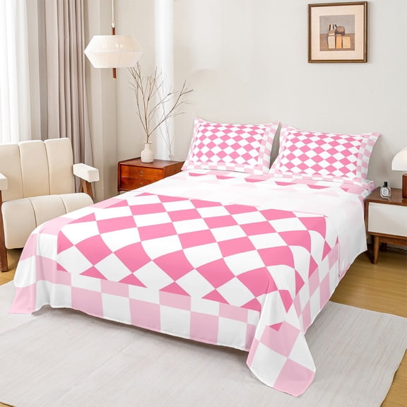 Manfei Teens Adults Minimalist Geometric Grid Full Size Sheets 4-Piece,Pink White Breathable Bed Sheets,Vintage Aesthetic Lightweight Sheet Sets,Super Cozy Room Decor