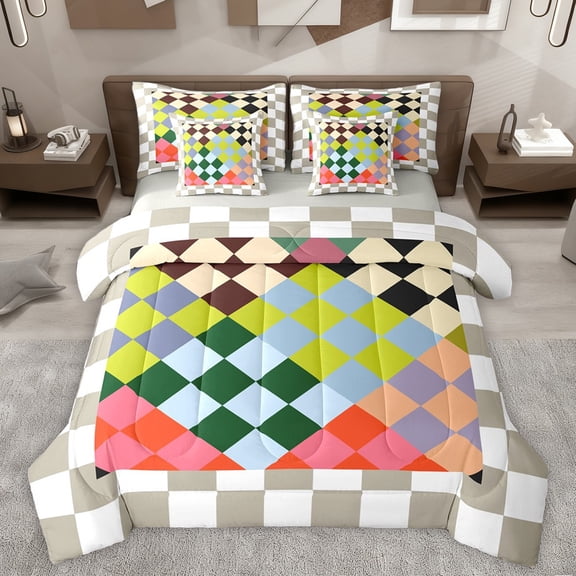 Manfei Teens Adults Minimalist Geometric Grid Twin Bedding Sets 7-Piece,Abstract Colorful Plaid Bedding Comforter Set Microfiber,Vintage Aesthetic Breathable Sheet Sets,Super Cozy Room Decor