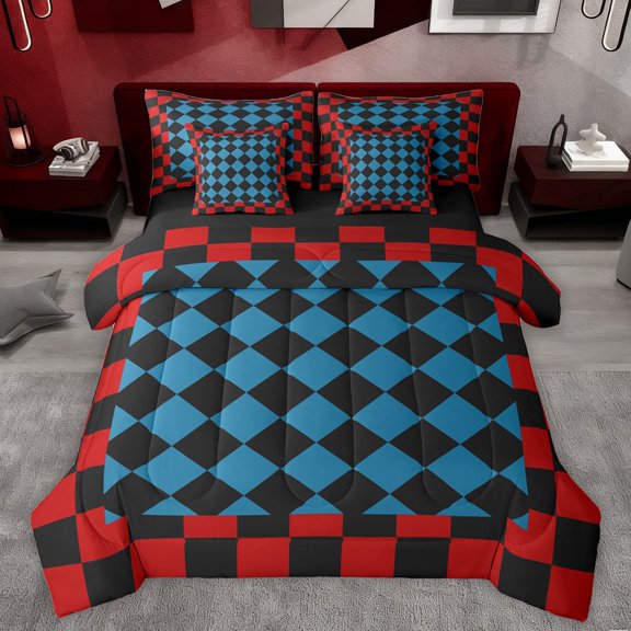Manfei Teens Adults Minimalist Geometric Grid Twin Bedding Sets 7-Piece,Black Red Blue Bedding Comforter Set Microfiber,Vintage Aesthetic Breathable Sheet Sets,Super Cozy Room Decor,Reversible