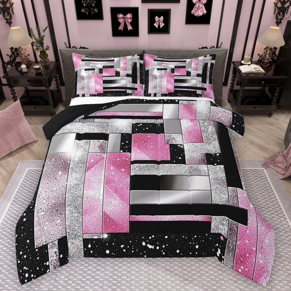 Manfei Teens Adults Minimalist Rectangle 3 Pieces Queen Comforter Set,Ombre Bling Glitter Ultra Soft Bedding Sets,Gradient Geometric Bedding Comforter Set Breathable,Ultra Soft Home Decor,Reversible