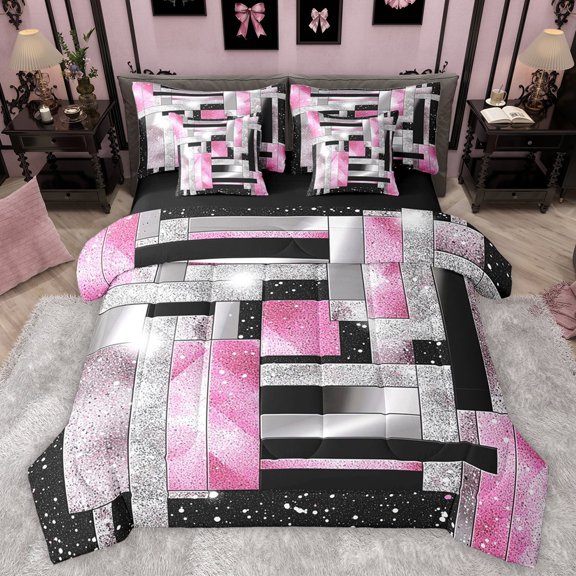 Manfei Teens Adults Minimalist Rectangle Bedding Comforter Set 7-Piece,Ombre Bling Glitter King Bedding Sets,Gradient Geometric Ultra Soft Bed Sheets,Ultra Soft Home Decor,Reversible