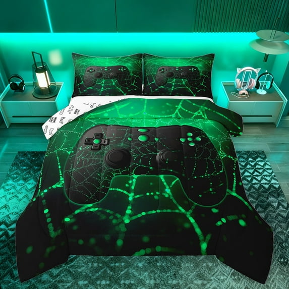 Manfei Teens Adults Spider Web Gamer 3 Pieces Queen Comforter Set,Video Game Ultra Soft Bedding Sets,Black Green Gamepads Bedding Comforter Set Breathable,Super Cozy Room Decor,Reversible