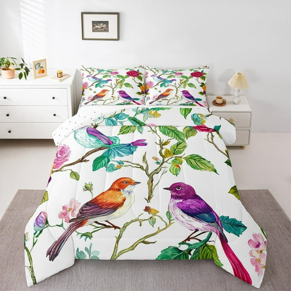 Manfei Teens Animal Birds 2pcs Bedding Comforter Set,Chic Flowers Twin Comforter Sets,Botanical Plants Breathable Bedding Set,Ultra Soft Home Decor,Reversible